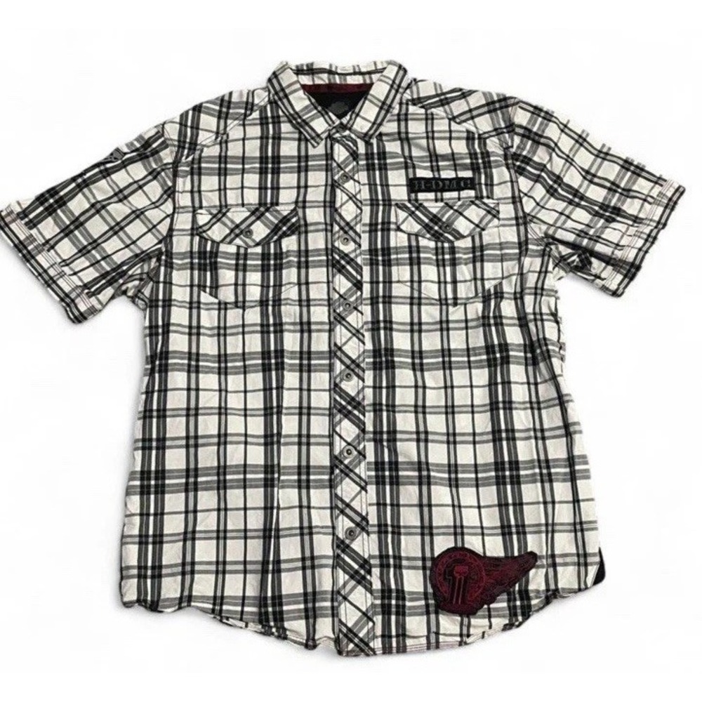 Harley Davidson white black plaid patchwork cotton button-up men's shirt 2XL